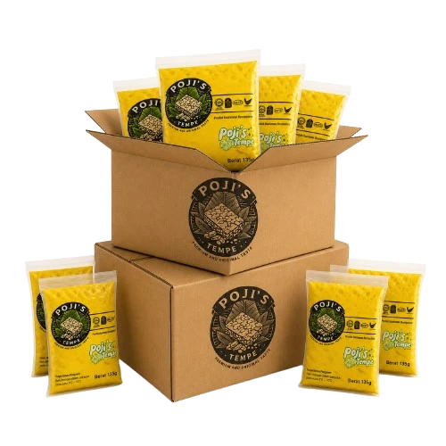 Dua kotak kraft Poji's bersama pek tempe untuk Pakej Premium