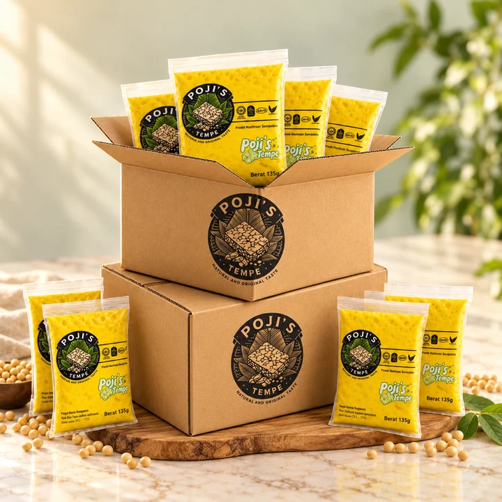 Dua kotak kraft Poji's bersama pek tempe untuk Pakej Premium