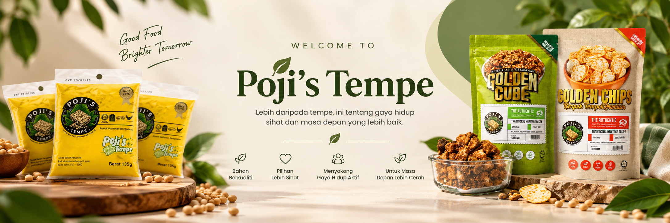 Banner Poji’s Tempe dengan rangkaian tempe dan snek, serta mesej tentang makanan berkualiti dan gaya hidup sihat